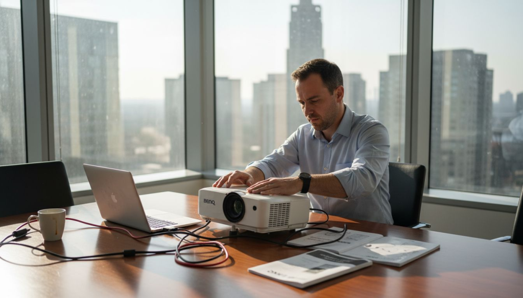 IT manager setting up BenQ MX560P projector