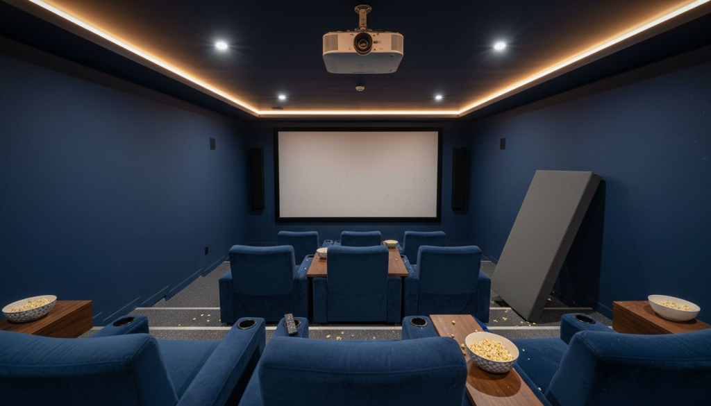 Home theater with ceiling projector setup