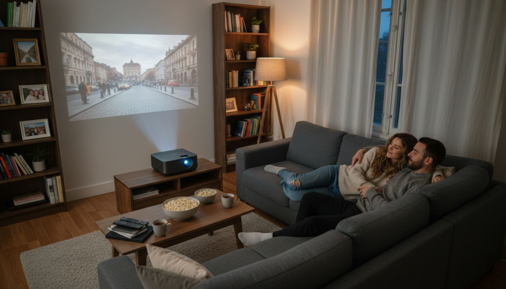 Couple enjoying home projector movie night