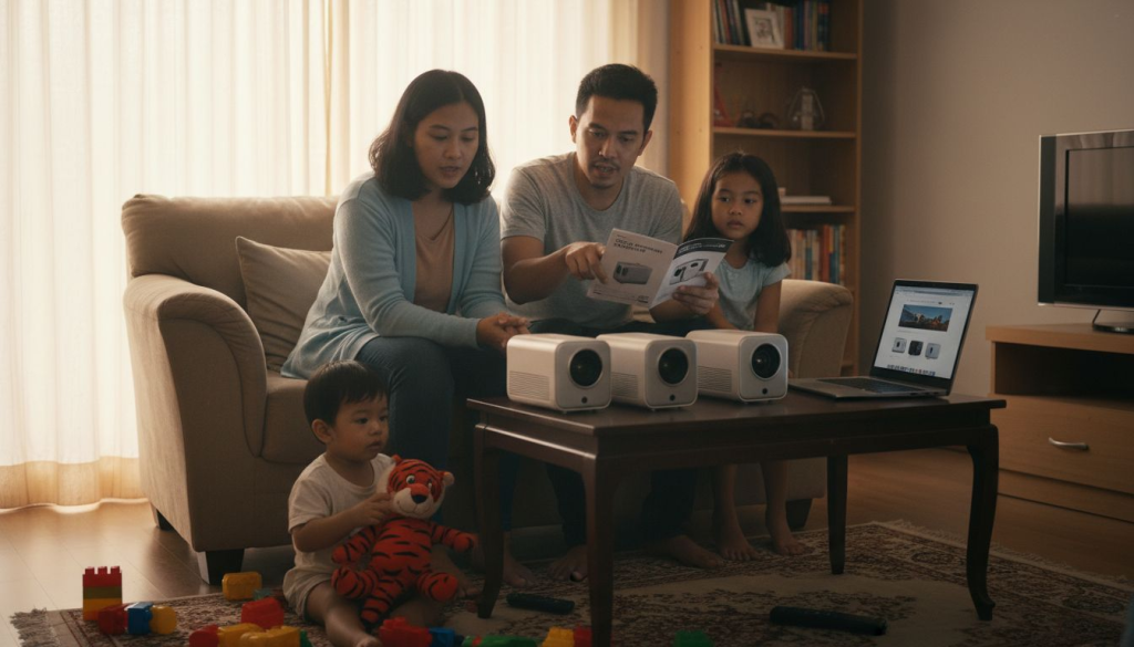 Sebuah keluarga sedang duduk bersama di ruang tamu, membandingkan beberapa projektor untuk mencari yang paling sesuai dengan keperluan mereka.
