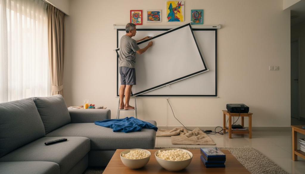Man adjusting projector screen for movie night