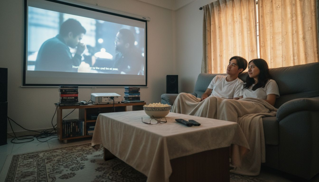 Family watching movie with Epson projector