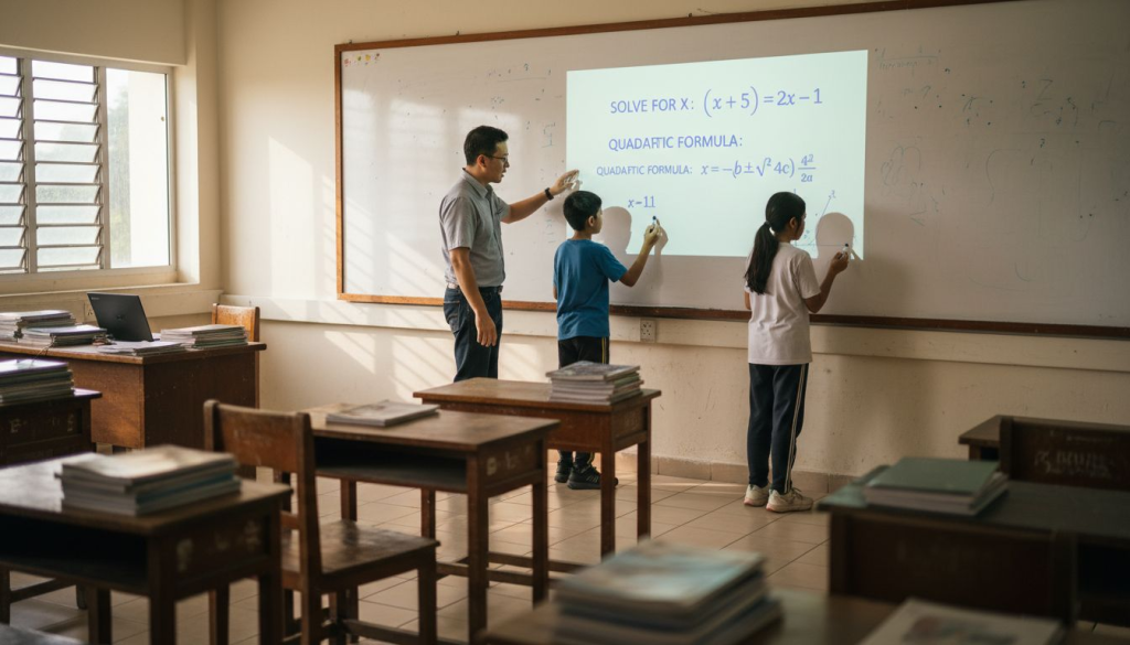Teacher using Epson interactive projector in classroom
