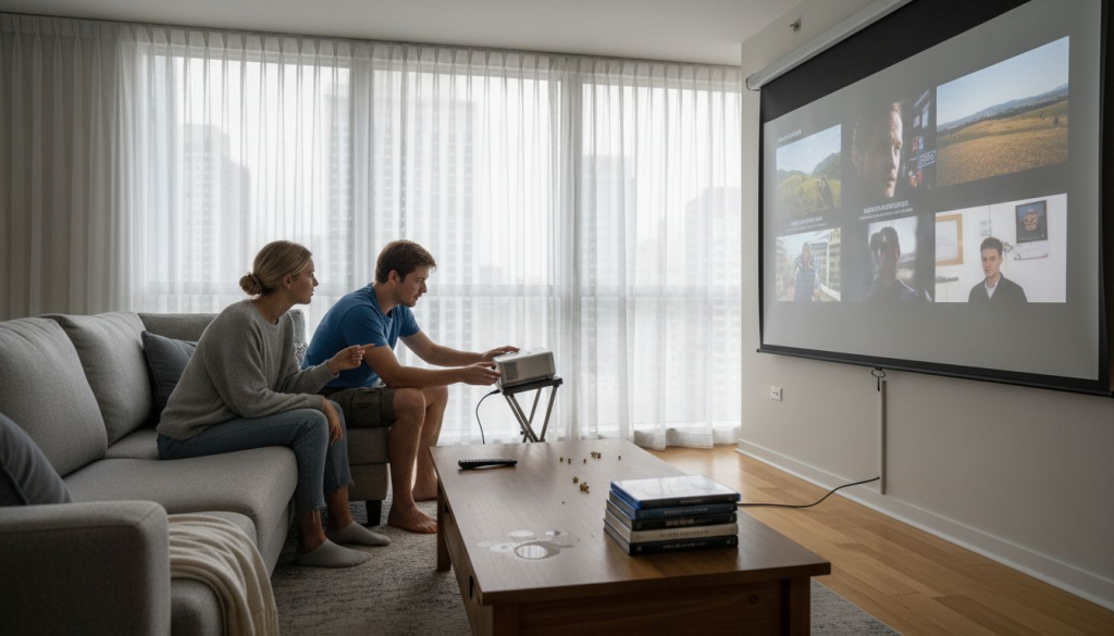 Couple setting up projector in living room