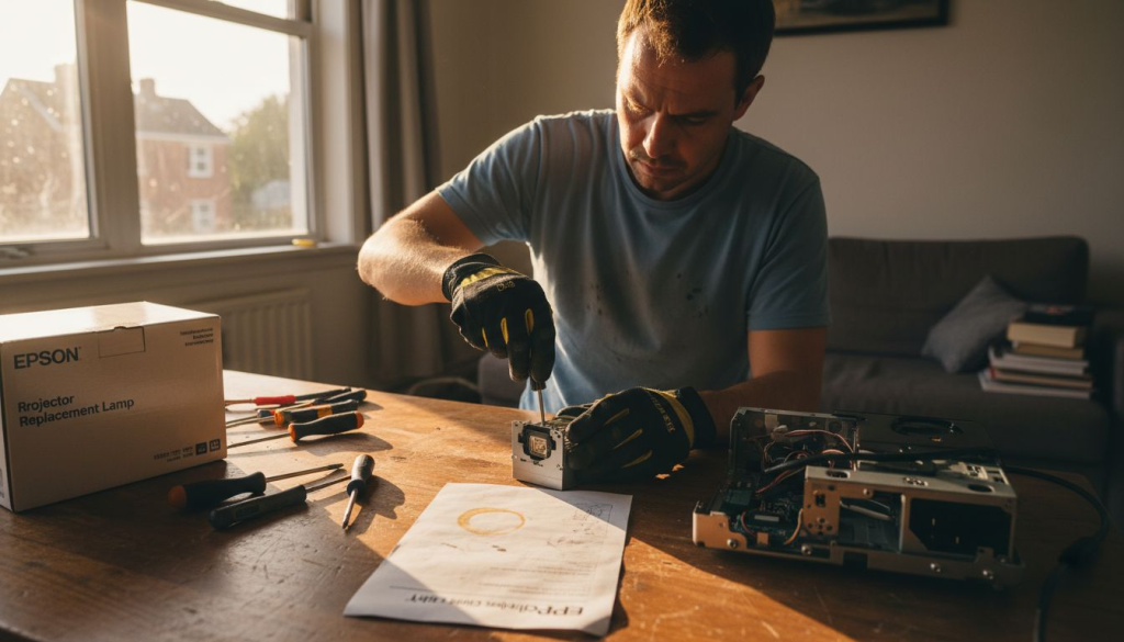 Man replacing projector lamp at workbench