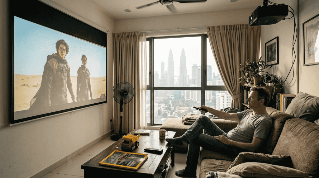 Malaysian family using projector and screen at home