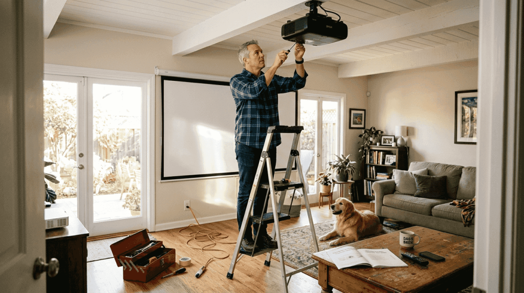 Man installing projector in living room