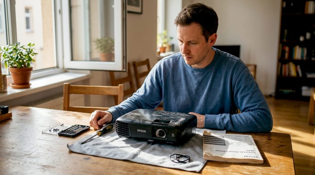 Person preparing projector bulb replacement workspace