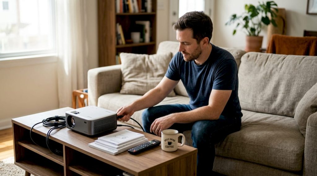 Person setting up projector accessories at home