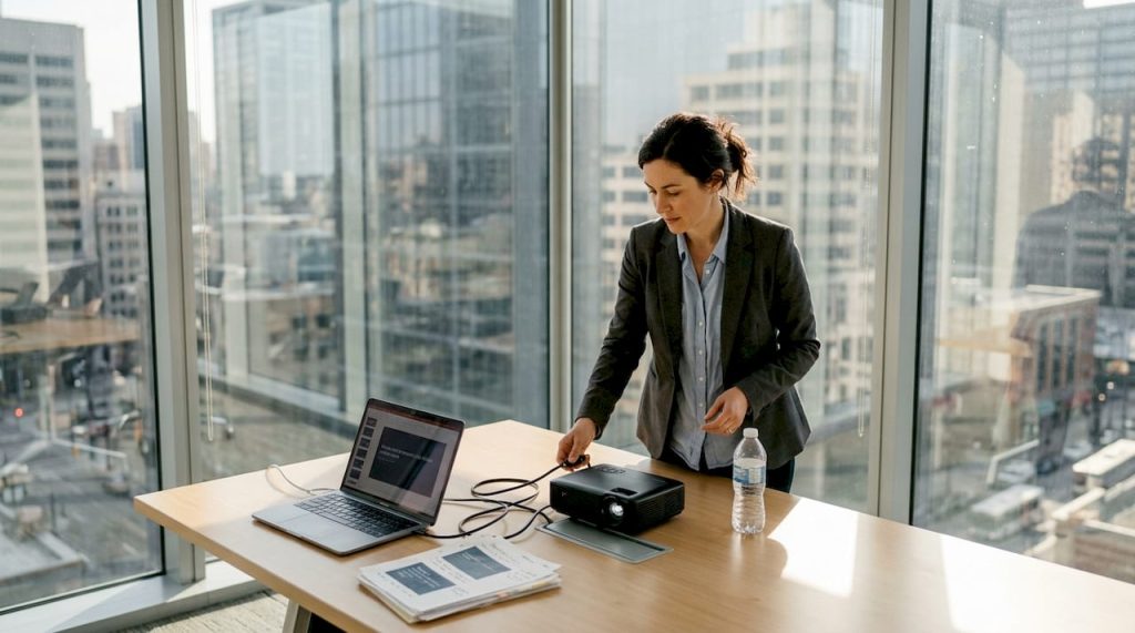 Professional setting up portable projector
