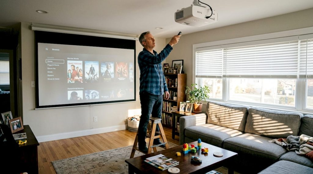 Adjusting projector in sunlit living room