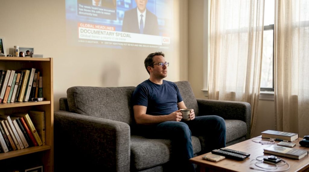 Man watching projector in modest home living room