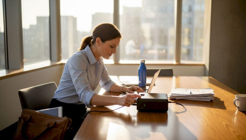 Connecting laptop to projector at office table
