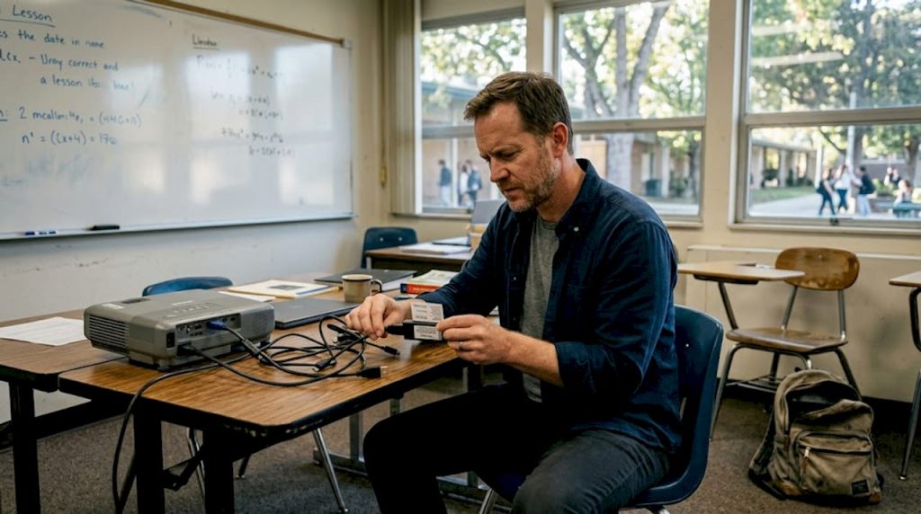Teacher connecting wireless projector adapter to device