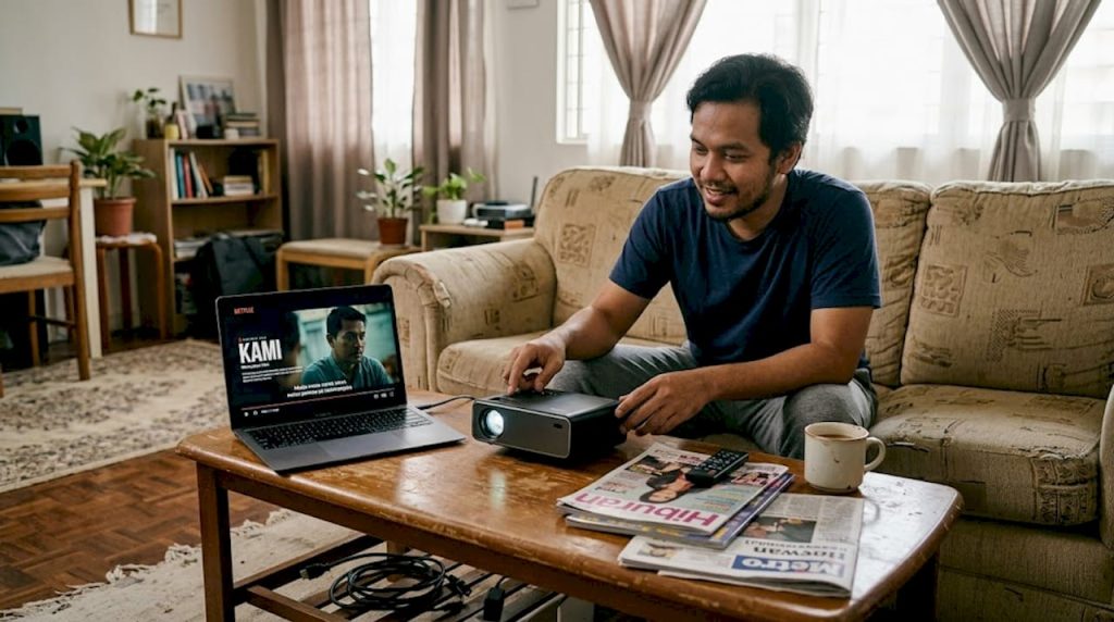 Seorang lelaki sedang membetulkan projektor di atas meja ruang tamu.