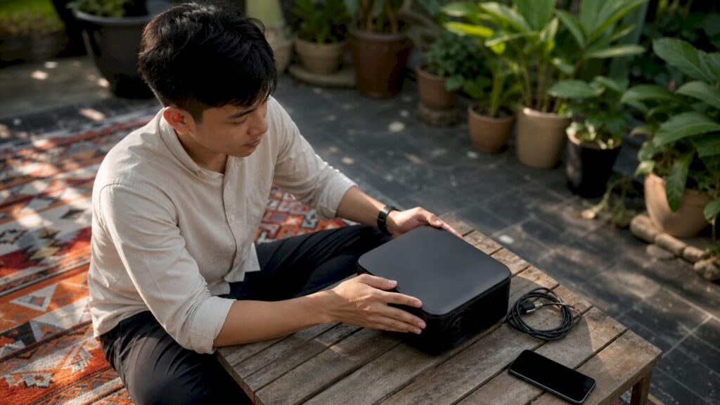 Person setting up smart projector at home